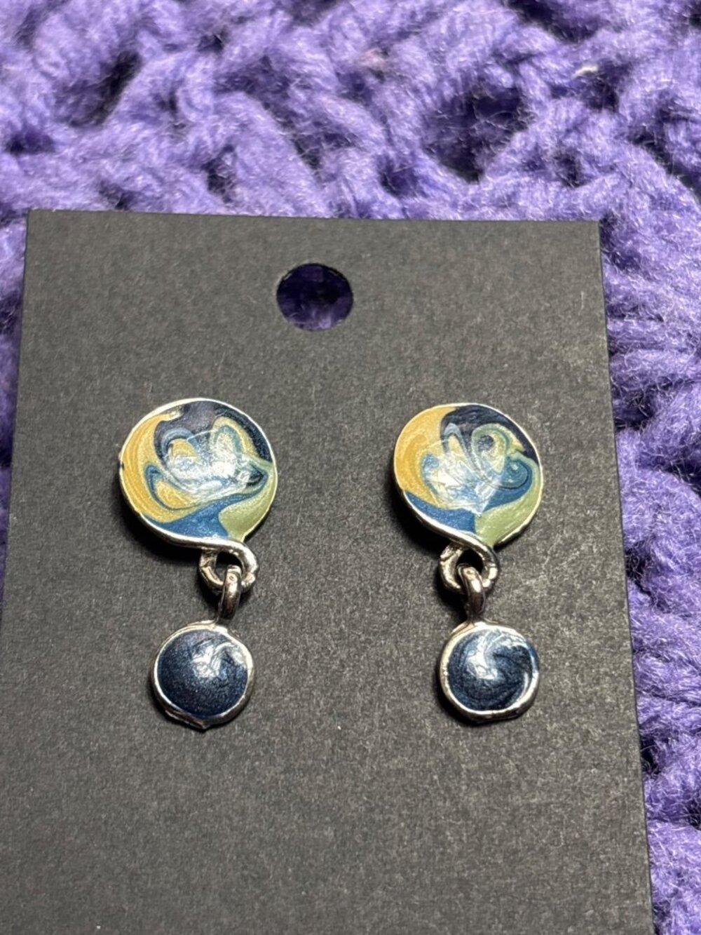 Vintage Swirled Enamel Dangle Earrings Multicolor Silvertone Made in USA 1 1/8"